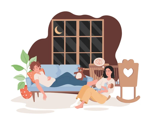 Sleepy parents spending time at night with child in living room vector flat illustration. Parenthood, parenting concept. — Stock Illustration Sleepy parents spending time at night with child in living room vector flat illustration. Parenthood, parenting concept. Stock Illustration