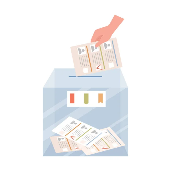 Mão colocando cédula de voto na caixa. Conceito de eleições parlamentares ou presidenciais. Resultados eleitorais. — Vetor de Stock