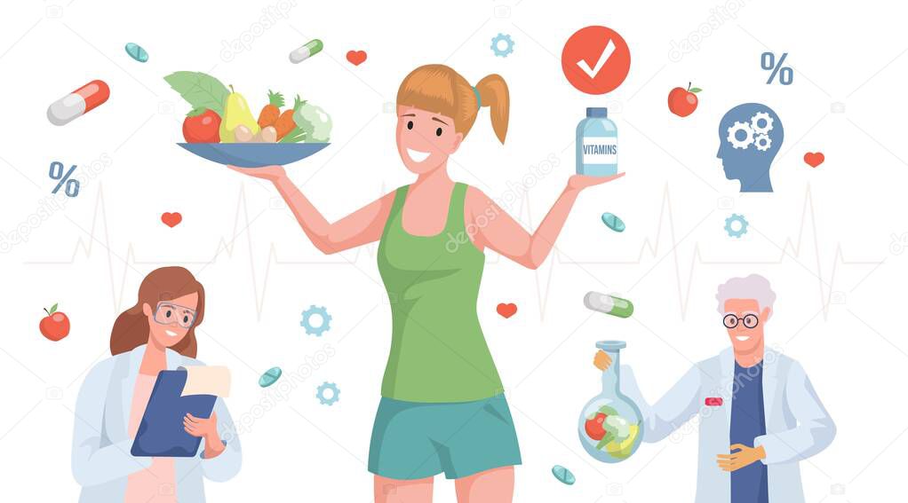 Woman holding plate with fruits and vegetables and bottle with vitamins vector flat cartoon illustration.