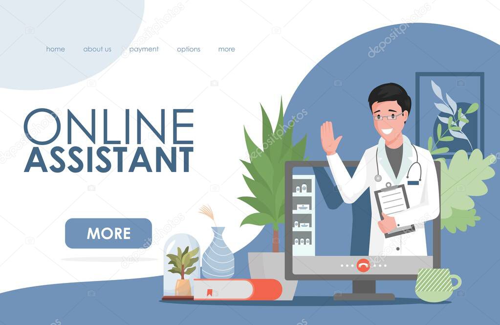 Online assistant vector flat landing page template. Medical service concept with doctor at computer screen.