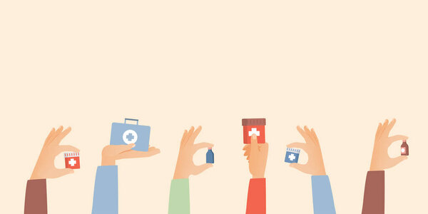 Руки, держащие бутылки с таблетками и смесями, перемещаются в комплекте первой помощи векторной плоской иллюстрации. Лекарства для лечения заболеваний.