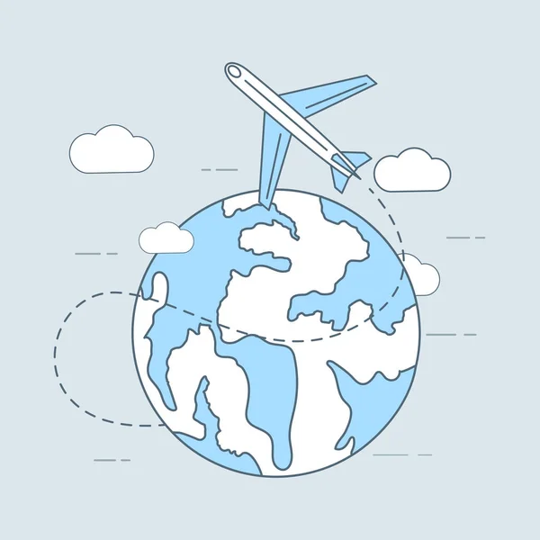 Desenho de desenho animado vetorial de viagens aéreas ilustração. Avião voando ao redor do planeta. Avião voando ao redor do globo. — Vetor de Stock