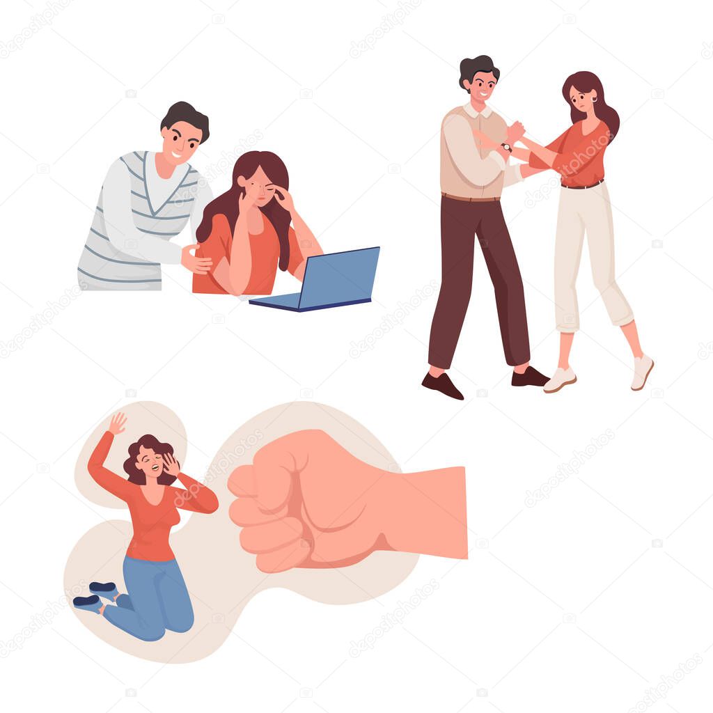 Emotional abuse and domestic violence vector flat illustration. Family, social violence problems concept.