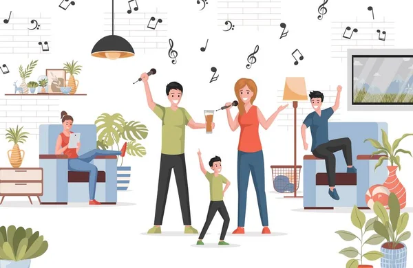 Lidé tráví čas spolu na domácí párty vektorové ploché ilustrace. Muž, žena a chlapec zpívají karaoke. — Stockový vektor