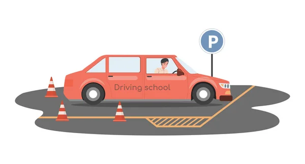 Körskola vektor platt illustration. Man kör bil och förbereda sig för avläggande av examen för körkort. — Stock vektor