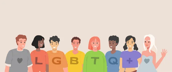 LGBTQ люди векторні плоскі ілюстрації. Група лесбійок, геїв, бісексуалів, трансгендерів і дивних чоловіків і жінок. — стоковий вектор