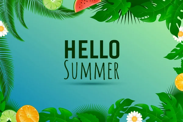 Olá conceito de banner de desenho animado vetor de verão. Projeto de borda de limão fresco, laranja e melancia. — Vetor de Stock