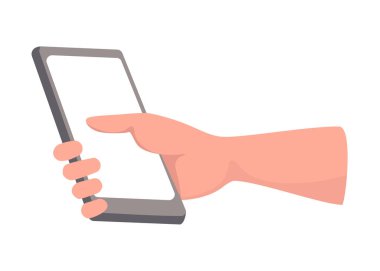 Metin veya etiket vektörü düz resimleme için alanı olan boş ekranlı akıllı telefon. Telefon erkek kolunda..