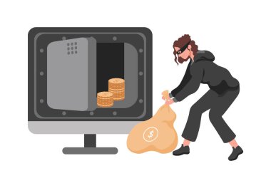 Hırsız kadın kasa dairesi çiziminden para çalıyor. Hırsız ya da hırsız, çanta taşıyor..