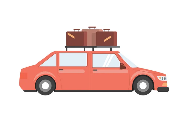 Rotes Auto mit Gepäck auf dem Dach Vektor flache Illustration isoliert auf weißem Hintergrund. Maschine für den Tourismus. — Stockvektor