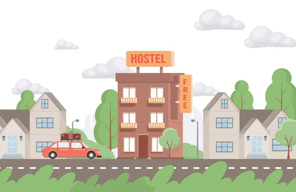 Rode auto rijden tot hostel gebouw vector platte illustratie. Moderne buitenkant van gratis hostel voor toeristen en reizigers. — Stockvector