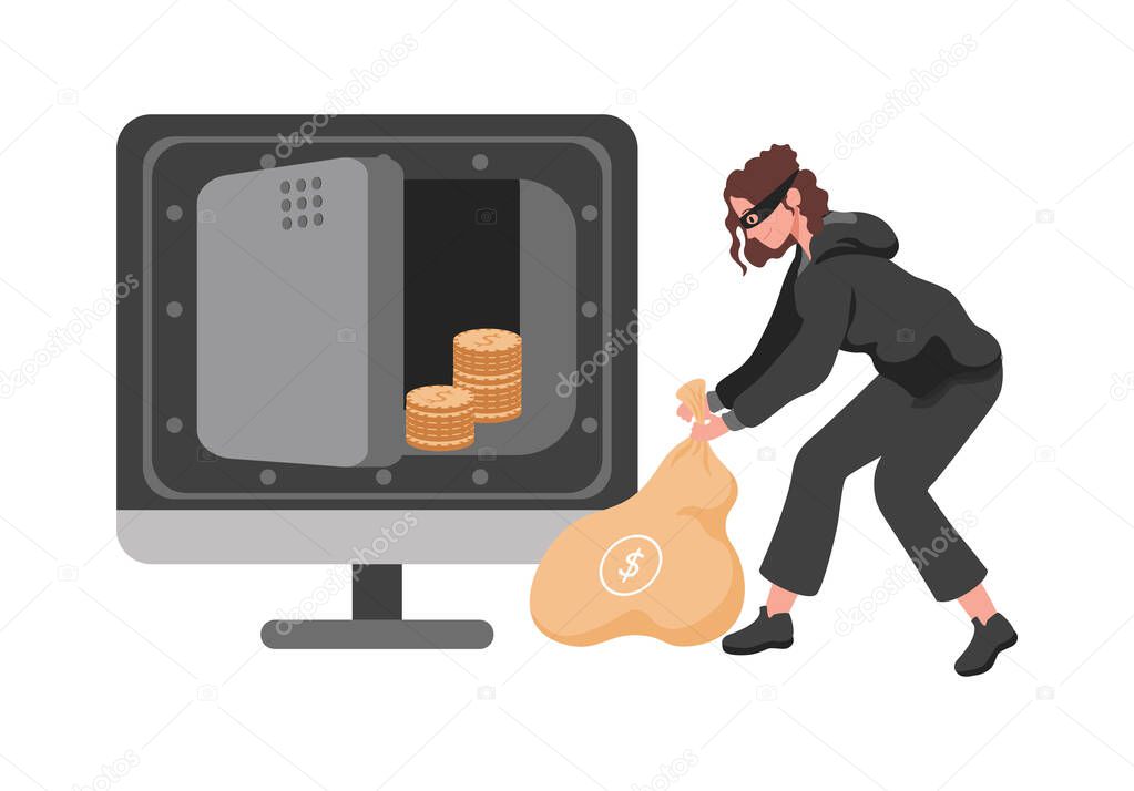 Thief woman stealing money from vault vector flat illustration. Robber or burglar character carrying bag.