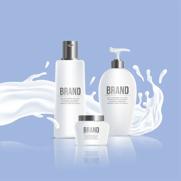 White plastic bottles with brand name and white liquid splash vector realistic illustration. — Stock Vector