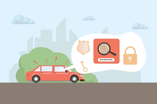 Equitazione auto con informazioni di sicurezza vettore piatto illustrazione. Sistema di allarme auto con livelli di accesso, chiavi, password. — Vettoriale Stock
