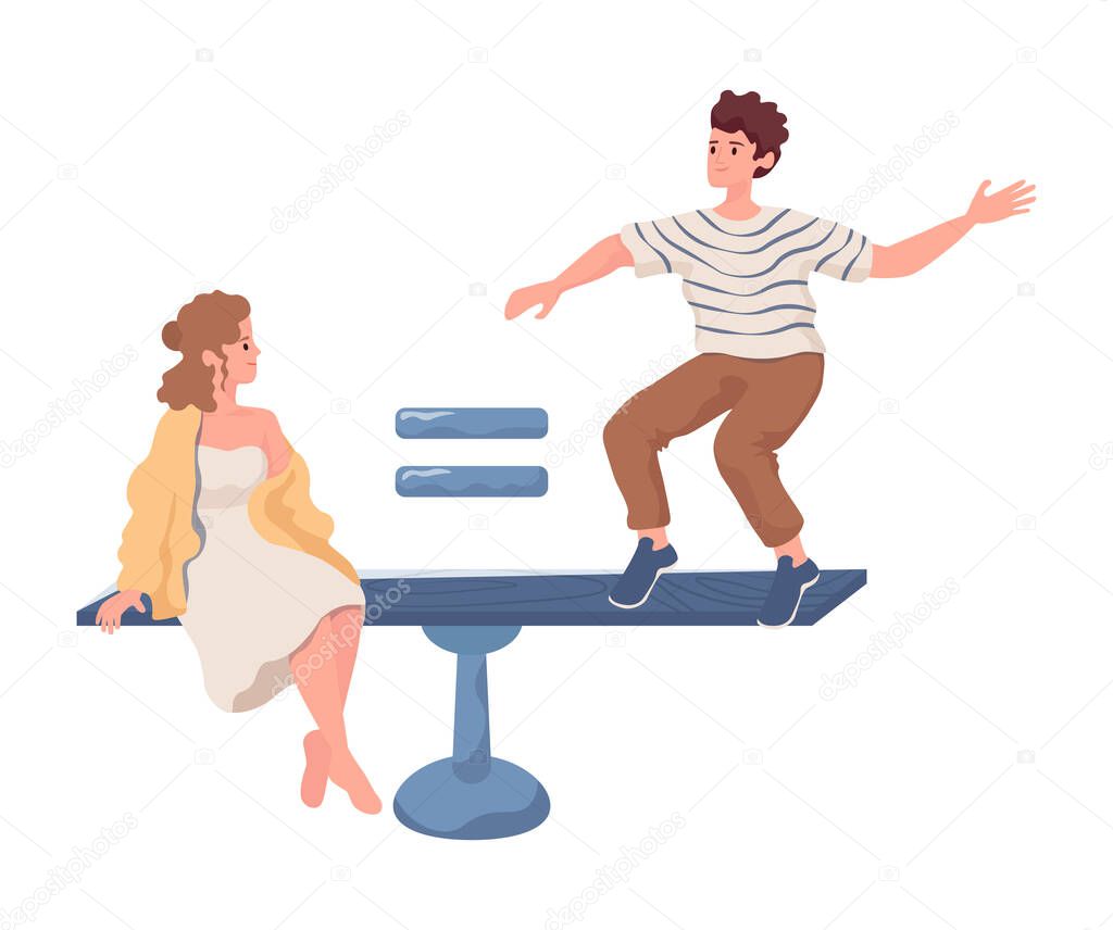 Woman sit and man stand on scales vector flat illustration isolated on white background. Gender equality, equal rights.