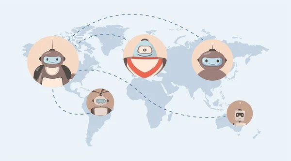 Robots alrededor del mundo vector ilustración plana. Mapa con avatares robot. Tecnologías futuras, inteligencia artificial. — Archivo Imágenes Vectoriales