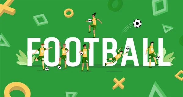 Modello di banner piatto vettoriale di parola di calcio. Felice sorridente ragazzi e ragazze in abiti sportivi giocare a calcio. — Vettoriale Stock