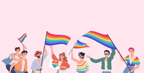 Menschen, die an LGBT-Stolzvektoren teilnehmen, zeigen flache Illustrationen. Lesbische, schwule, bisexuelle, transsexuelle und queere Menschen. — Stockvektor