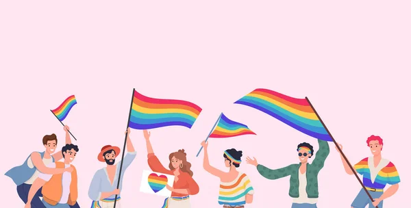 People taking part in LGBT pride vector flat illustration. Lesbian, gay, bisexual, transgender, and queer people. — Stock Vector