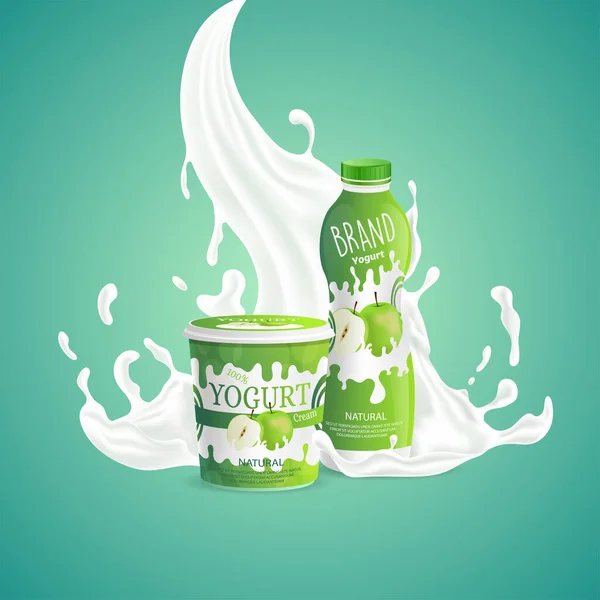 Imballaggio yogurt Apple design con spruzzi di latte vortice. Gustoso cibo naturale vettore cartone animato illustrazione. — Vettoriale Stock