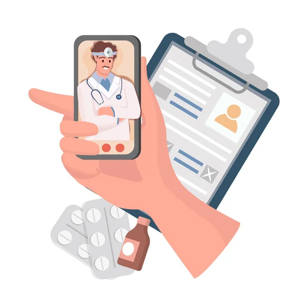 Smartphone portatile con applicazione medica online vettoriale illustrazione piatta. Medico consulente paziente. — Vettoriale Stock