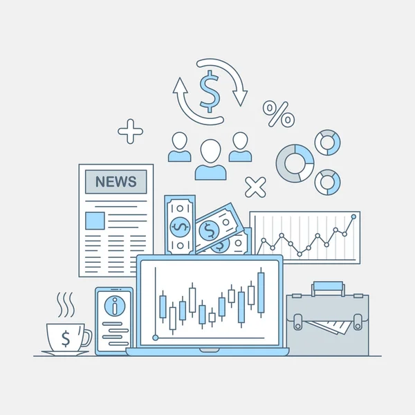 Stocks and financial success vector cartoon outline concept. Design de aplicação de negociação online. — Vetor de Stock