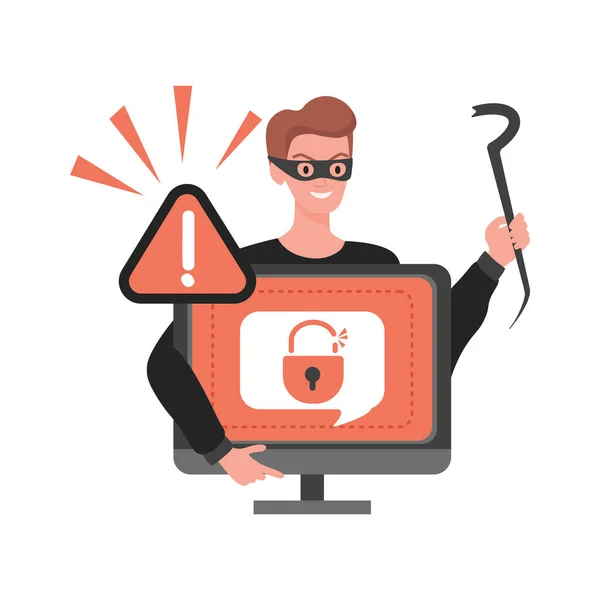 Thief hacking personal data in computer vector flat illustration. Cyber security, internet virus, cyber crime. — Stock Vector