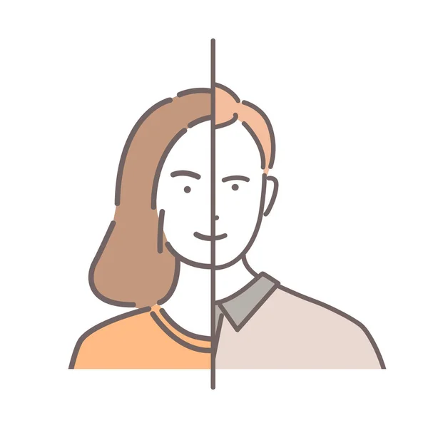 Género Identidad vector dibujo animado esquema ilustración. Mitad mujer y mitad hombre retrato de cara. Diferencias de género. — Vector de stock