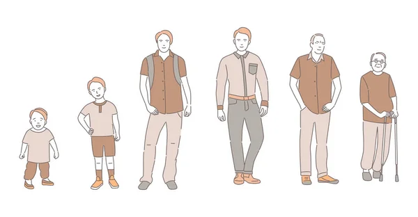 Ciclo de homem vida vetor desenho animado esboço ilustração. Personagem masculino crescendo e envelhecendo. —  Vetores de Stock