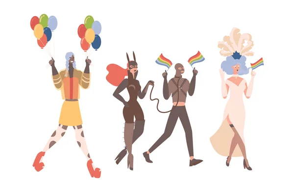 LGBTQ orgulho vetor plana ilustração. Homens e mulheres gays em roupas coloridas e de couro com bandeiras LGBT e balões. — Vetor de Stock