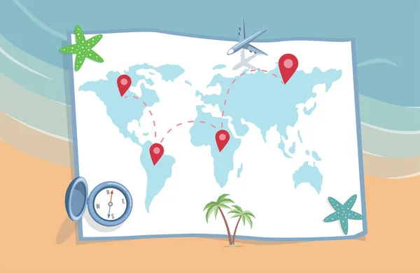 Planejamento férias de verão, viagem vector ilustração plana. Mapa do mundo com pontos de localização e itens de viagem. — Vetor de Stock