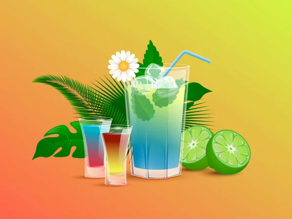 Refreshment alcoholic drinks with lime, ice cubes, straws, and tropical leaves. Alcohol cocktails in bar or restaurant. — Stock Vector