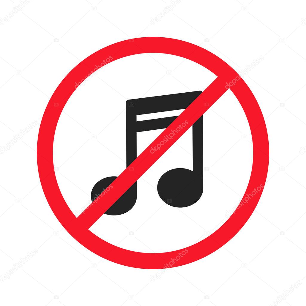 Music is prohibited vector flat illustration isolated on white background. Musical note icon in crossed out red circle.