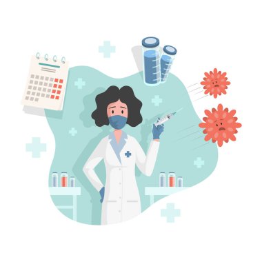 Coronavirus Covid-19 vektör düz çizimine karşı aşıyla şırınga tutan doktor ya da hemşire..