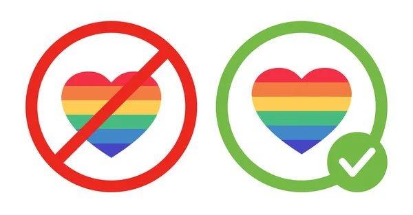 LGBT ist verboten und schwule Liebe ist erlaubt. Regenbogenherzen im durchgestrichenen roten und grünen Kreis. — Stockvektor
