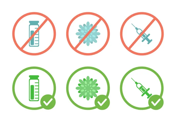 ワクチンもウイルスも注射器も禁止サインも予防接種も許可されていませんシンボルベクトルフラットイラスト. — ストックベクタ