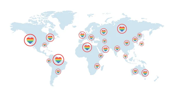 Mapa del mundo cubierto por el arco iris corazones vector ilustración plana. LGBTQ, pacifismo, paz y amor. — Vector de stock