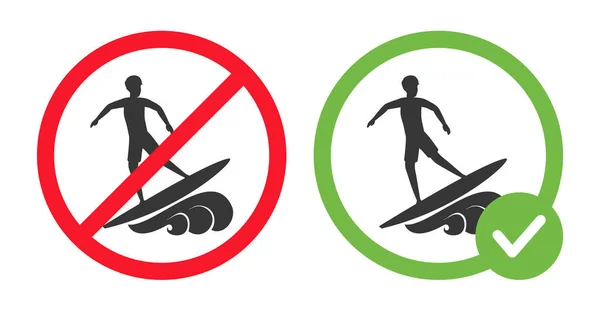 허용되고 금지 된 서핑 표지판은 흰색 배경에 분리 된 평평 한 삽화를 표시한다. 서프 승인 개념. — 스톡 벡터
