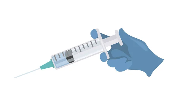 바이러스 는 위험 한 질병에 대비하여 푸른색 왁 찐 으로 주사기를 들고 있는 의료 장갑에 손을 얹고, 평평 한 그림을 보여준다. — 스톡 벡터