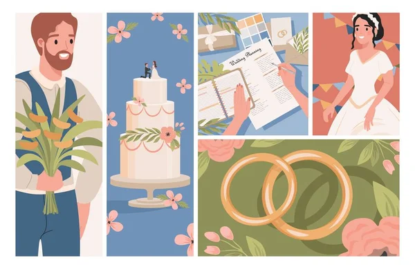Hochzeitsvektor flache Illustrationen. Bräutigam, Braut im weißen Hochzeitskleid, Hochzeitsplanung, Trauringe und Kuchen. — Stockvektor
