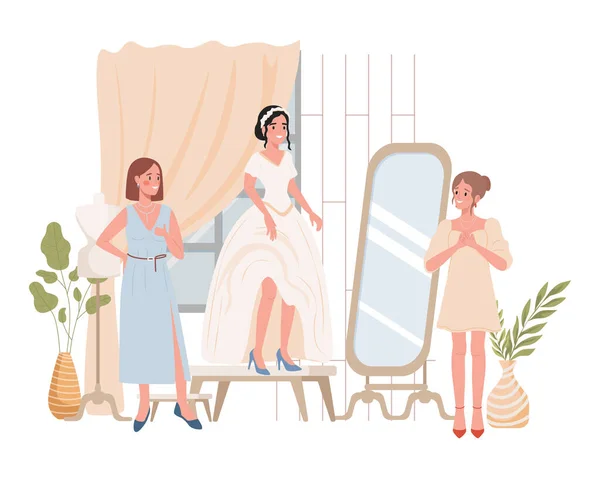 Feliz novia sonriente probándose la ilustración plana vestido de novia vector. Diseño de interiores atelier de moda. — Vector de stock