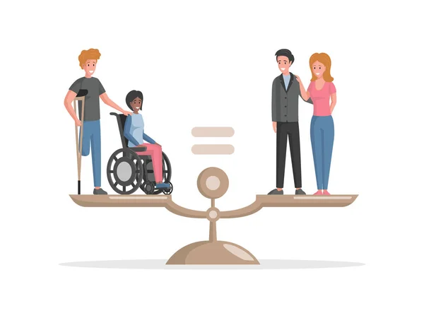 장애 인들 과 저울 위에 서 있는 타당 한 사람들은 평면적 인 예를 보여 줍니다. 모든 사람의 평등 한 권리 개념. — 스톡 벡터