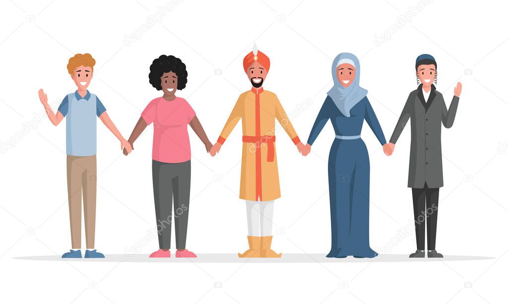 Group of multiethnic people vector flat illustration. Diverse people standing together. Diversity and social togetherness.