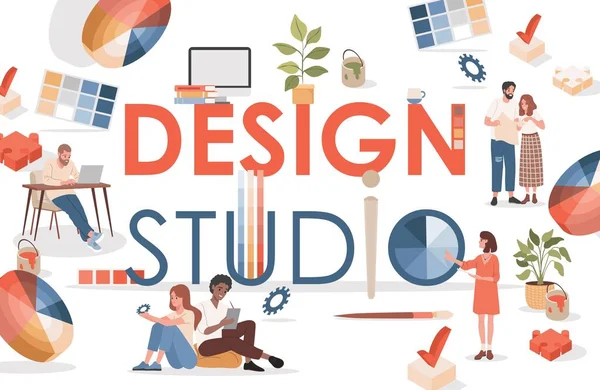 Design Studio Vektor flache Banner-Vorlage mit Textfläche. Glücklich lächelnde Menschen, die gemeinsam an einem Designprojekt arbeiten. — Stockvektor