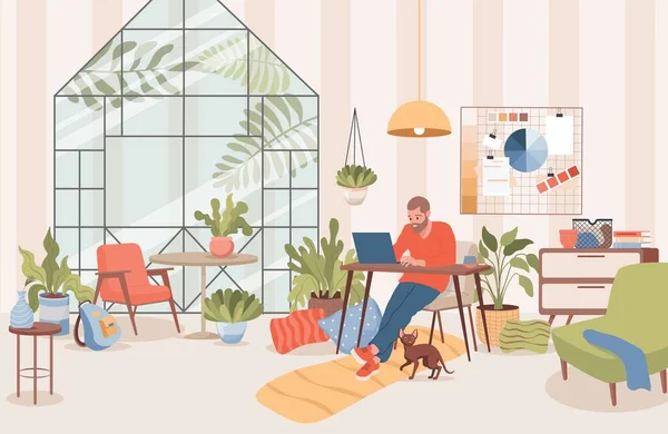 Homem sentado em casa e distância de trabalho com laptop vetor ilustração plana. Freelancer, conceito de trabalho remoto. —  Vetores de Stock