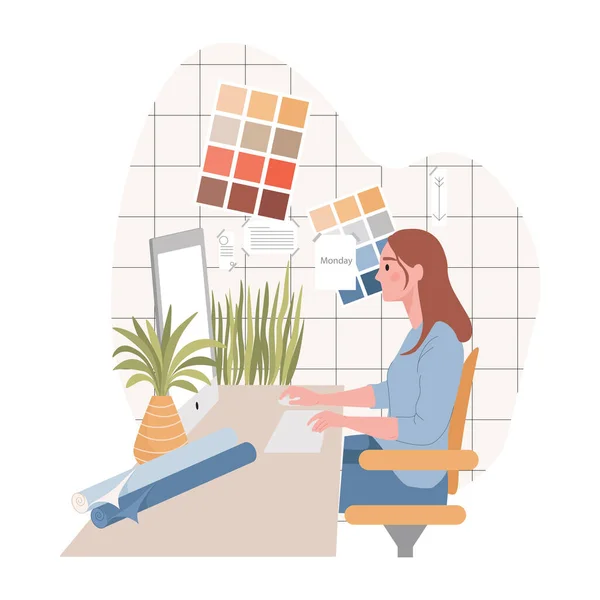 Graphic or interior designer working on computer in design studio vector flat illustration. — Stock Vector