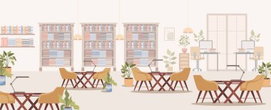 Raflı modern kütüphane iç tasarımı, kitaplı raflar, bilgisayarlar, masalar ve rahat koltuklar.