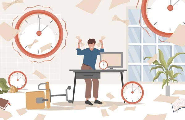 Homme stressé debout dans le bureau désordonné avec des documents dans ses mains entourées de montres vectorielles illustration plate. — Image vectorielle