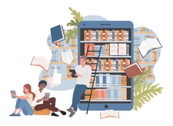 Biblioteca en línea vector ilustración plana. Gente cerca de smartphone con aplicación de biblioteca preparándose para los exámenes. — Vector de stock