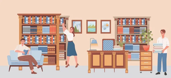 Mensen in de openbare bibliotheek vector platte illustratie. Gelukkige mensen die boeken kiezen, literatuur lezen, studeren en opleiden. — Stockvector